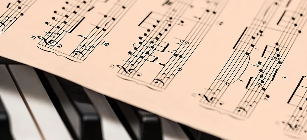 Music sheet on a piano keyboard